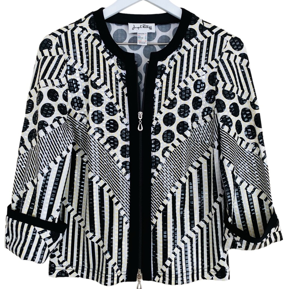 Joseph Ribkoff Black, White & Yellow Mixed Print Media Zip Up 3/4‎ Sleeve Blouse